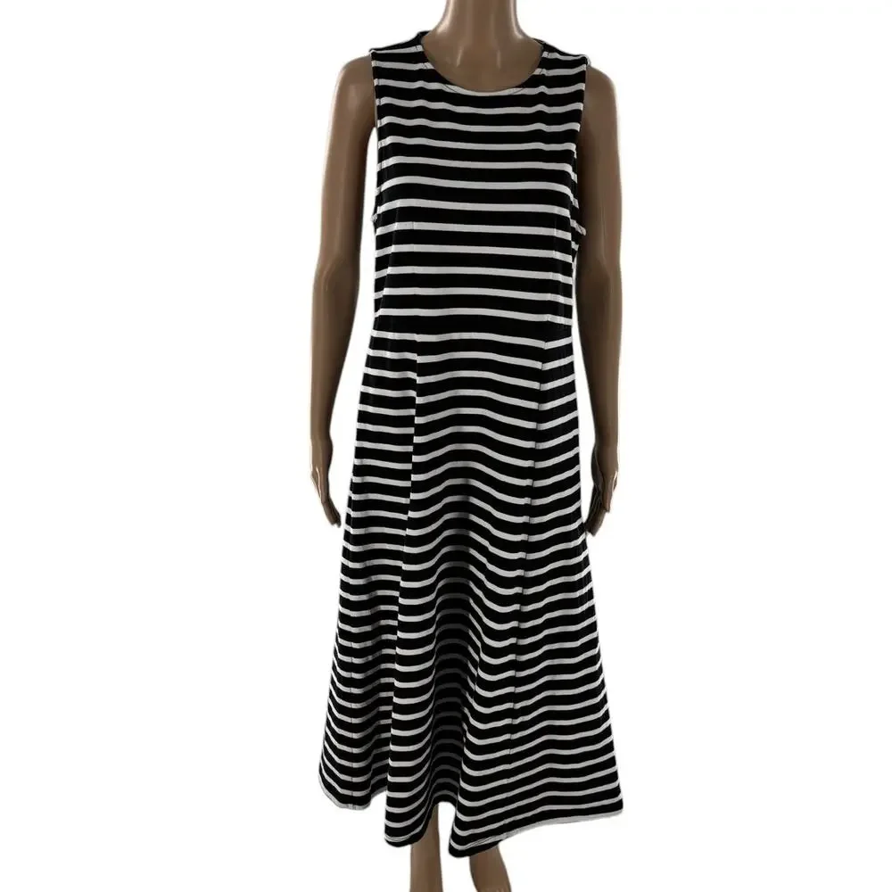 J. Crew Black Striped Cap Sleeve Cotton Knit Midi Dress